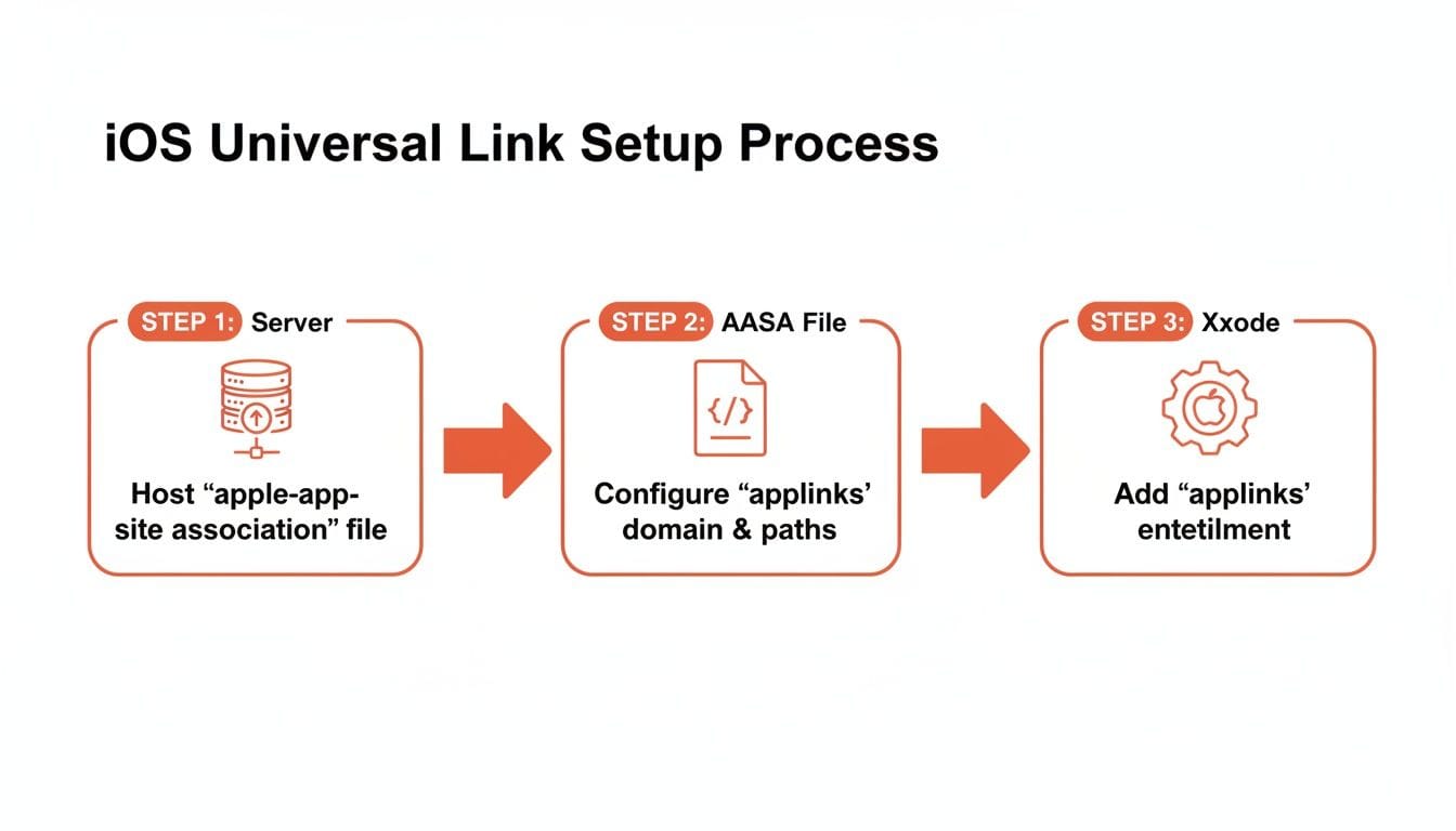 Flowchart illustrating the iOS Universal Link setup process, showing three steps: hosting the AASA file on a server, configuring the domain and paths, and adding entitlement in Xcode.