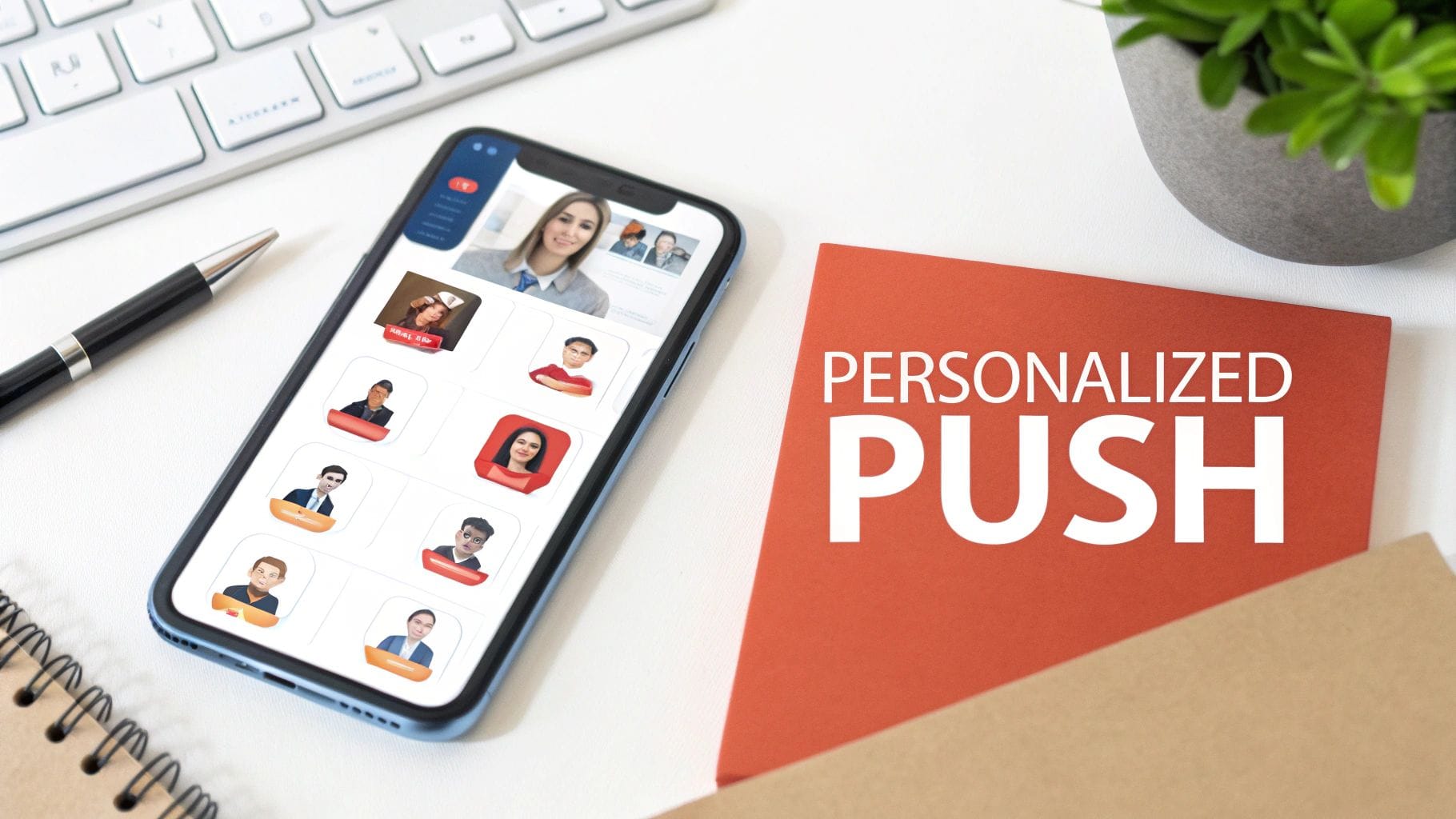A smartphone displays a grid of user avatars on its screen. Nearby is a notepad, a pen, and a reddish-orange card that reads "PERSONALIZED PUSH.