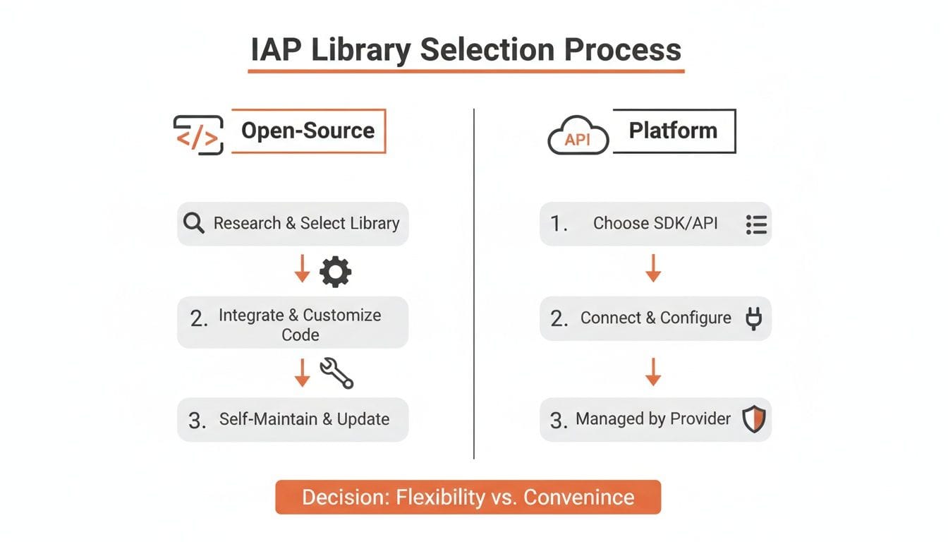 Flowchart comparing the selection process for IAP libraries: open-source options on the left and platform options on the right, with steps and icons for each choice. Decision point below.