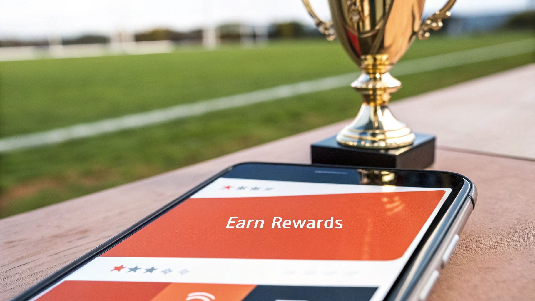 A smartphone displays a screen that reads "Earn Rewards," positioned next to a shiny trophy, with a grassy field blurred in the background, suggesting themes of achievement and engagement.