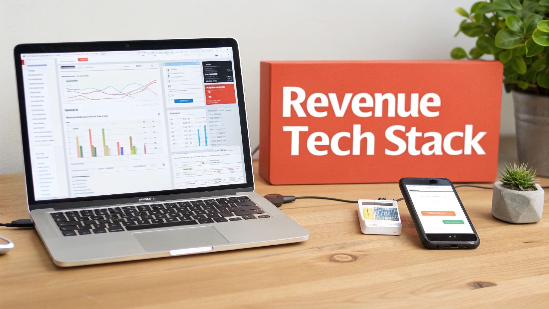 A laptop displaying data charts sits on a wooden table alongside a smartphone and a small card reader. A bright red sign reads "Revenue Tech Stack." A small plant is also visible.