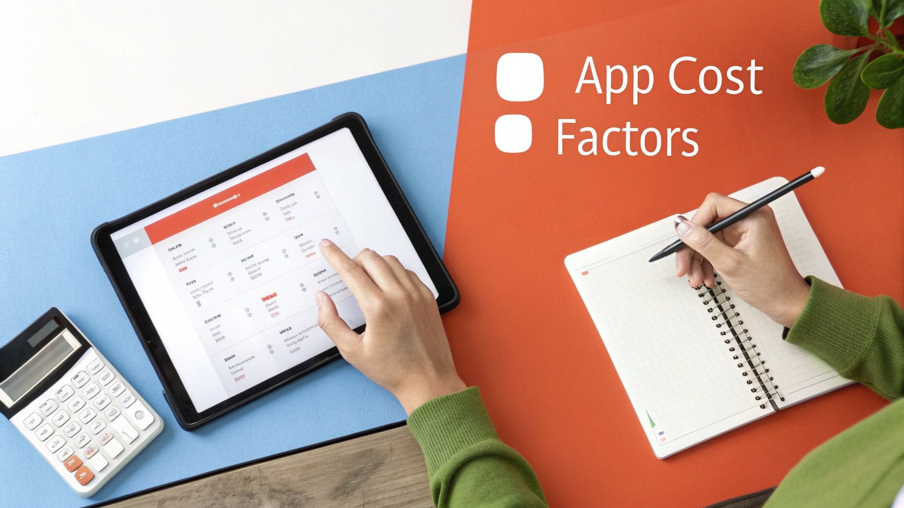 A hand selects options on a tablet displaying app development cost factors next to a calculator and a notebook where a person is writing, with colorful backgrounds of orange and blue.