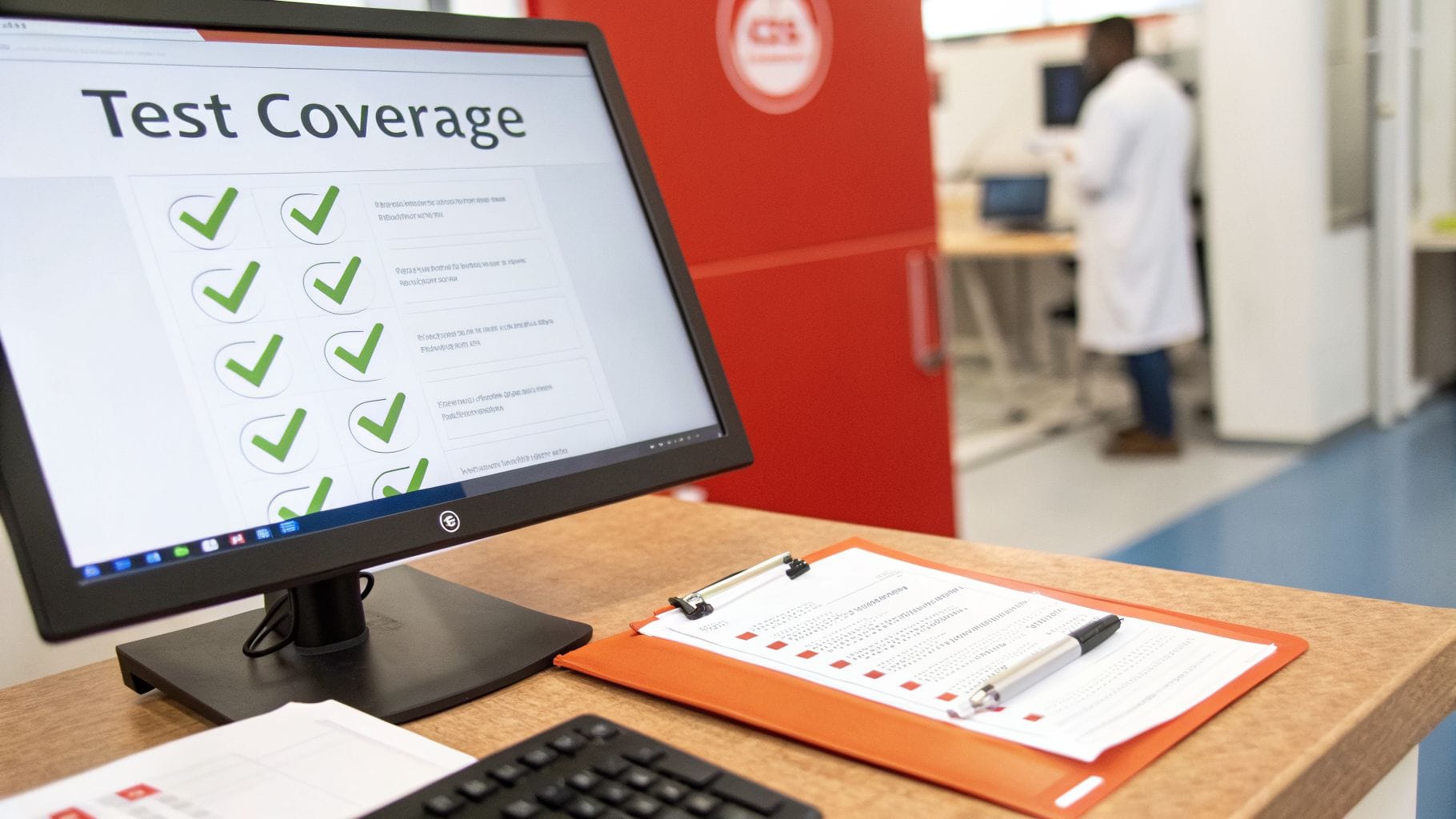 A computer monitor displays a checklist titled "Test Coverage" with green checkmarks. In the background, a person in a lab coat stands near workstations. A clipboard with documents and a pen