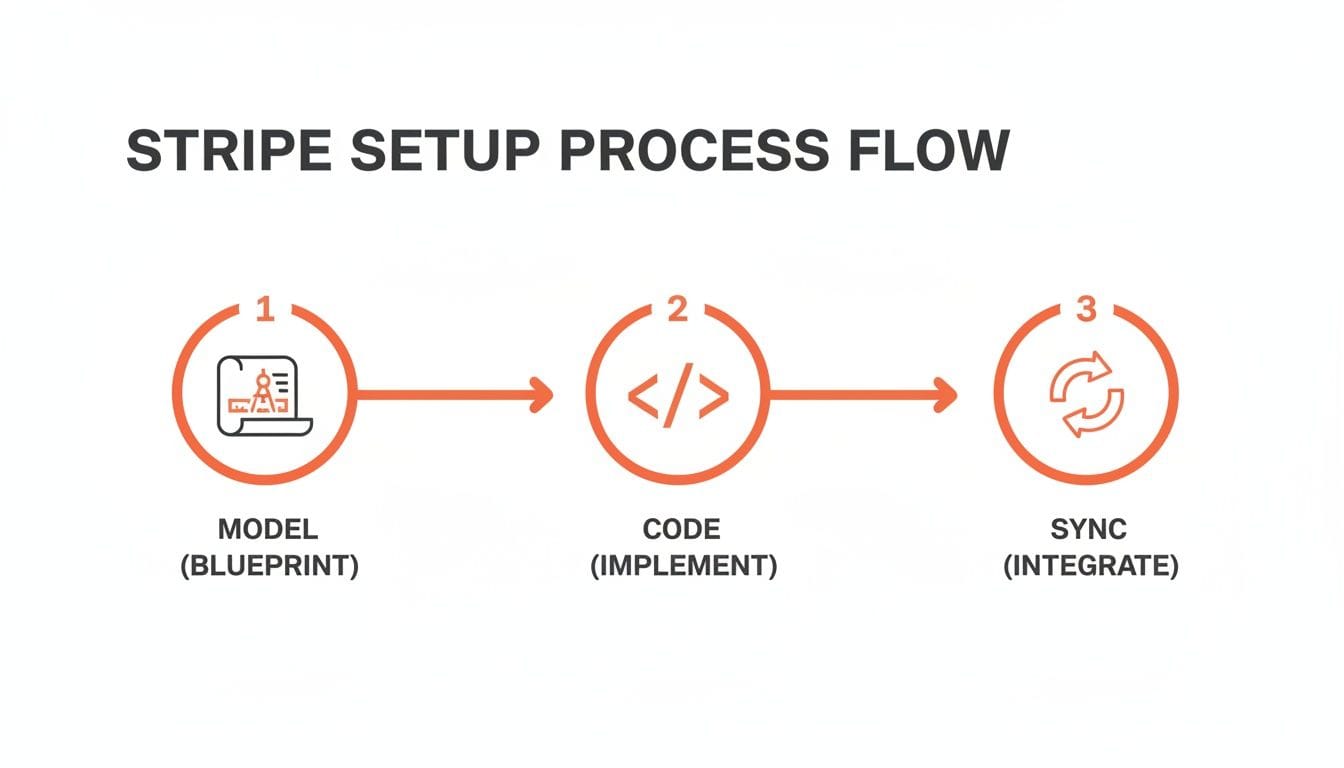 Flowchart illustrating the Stripe setup process with three steps: 1. Model (Blueprint), 2. Code (Implement), and 3. Sync (Integrate), each represented in circular icons.