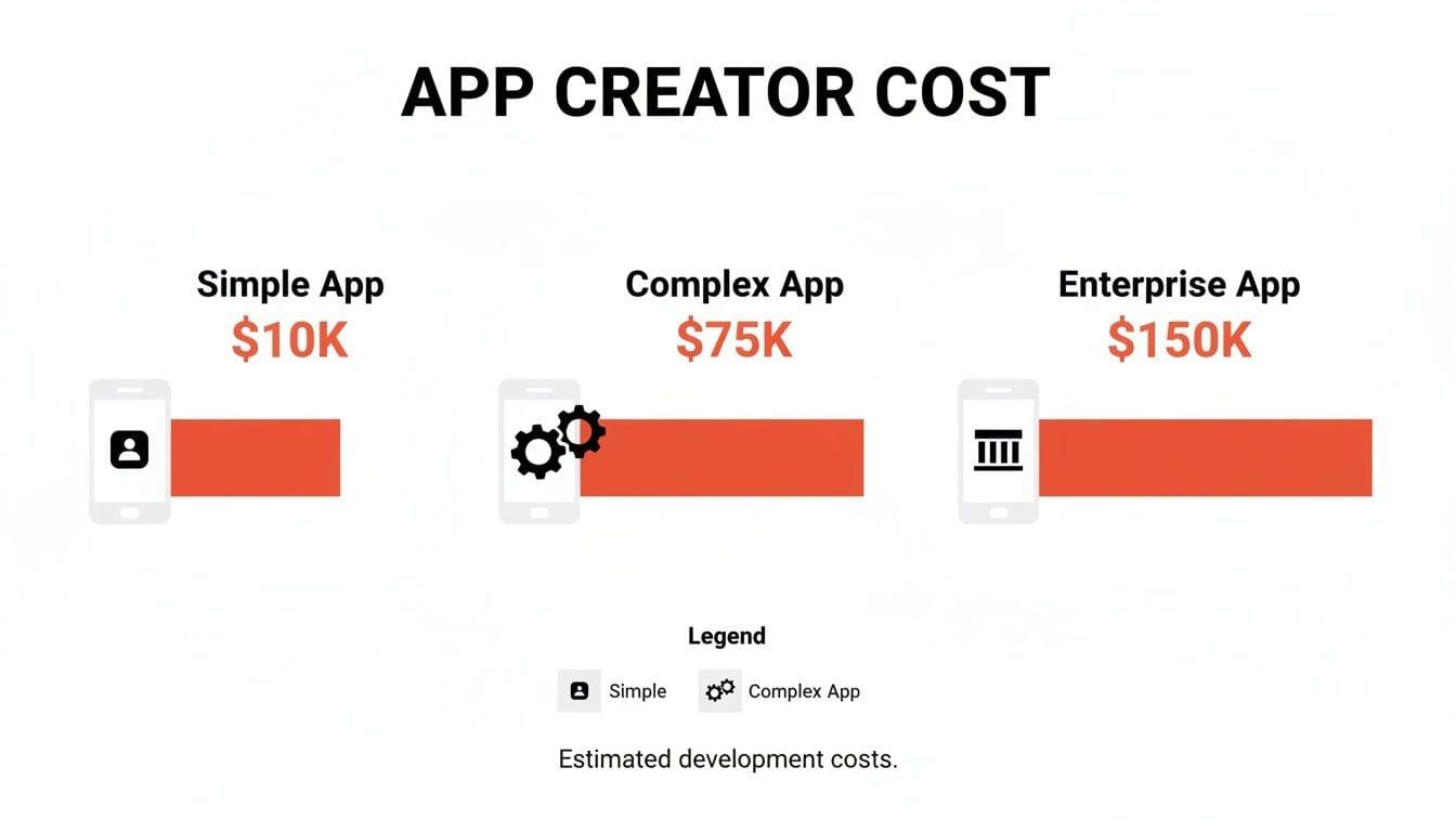 Three app types with estimated costs: Simple App ($10K), Complex App ($75K), and Enterprise App ($150K). Icons represent app complexity with a legend at the bottom.