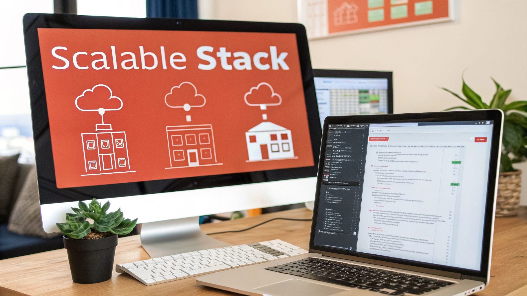 A desktop computer screen displays the text “Scalable Stack” with cloud icons and building illustrations. A laptop on a wooden desk shows a text editor and coding interface, alongside a smal