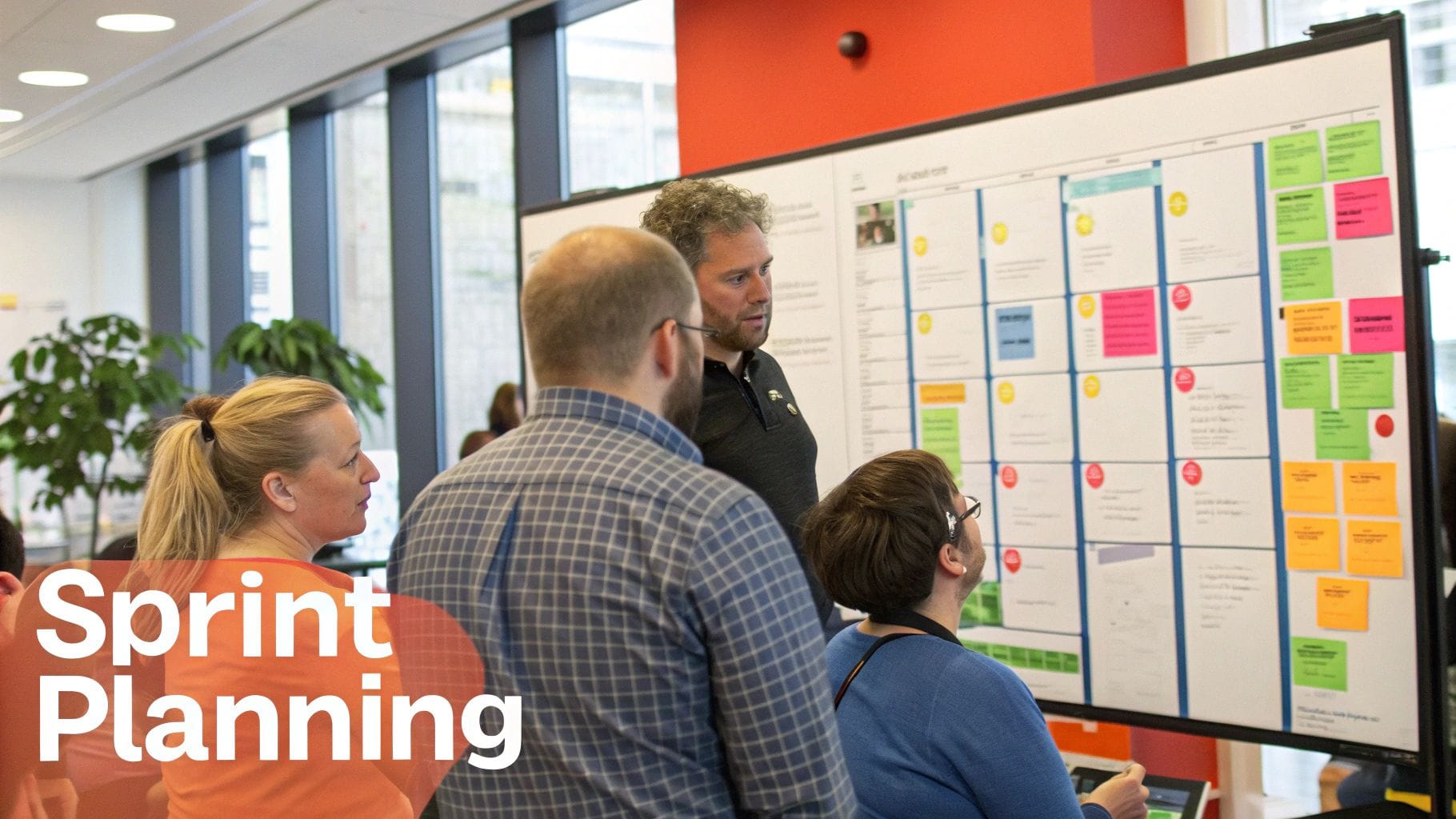 A group of four people, including a man with curly hair, stand around a large whiteboard covered with colorful sticky notes, discussing a sprint planning session in a bright office space.