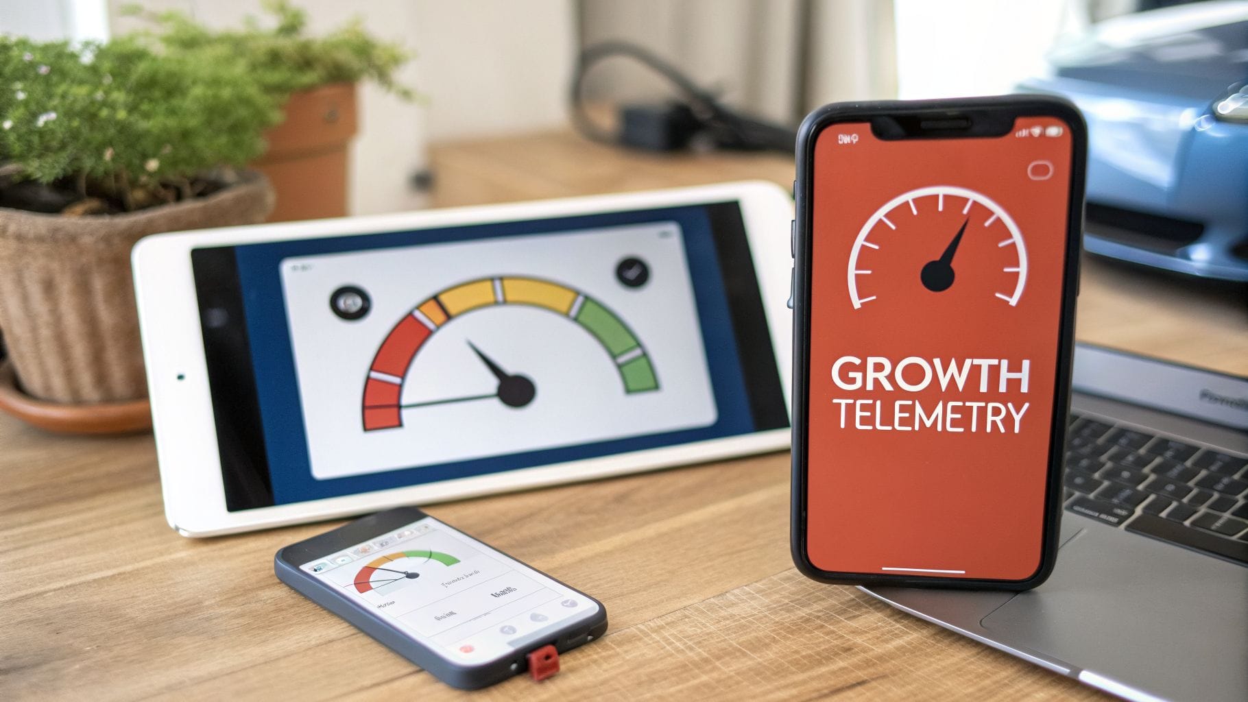 A smartphone displaying "GROWTH TELEMETRY" on a red background, alongside a tablet and another phone showing gauge-style analytics on a wooden table, with a plant in the background.