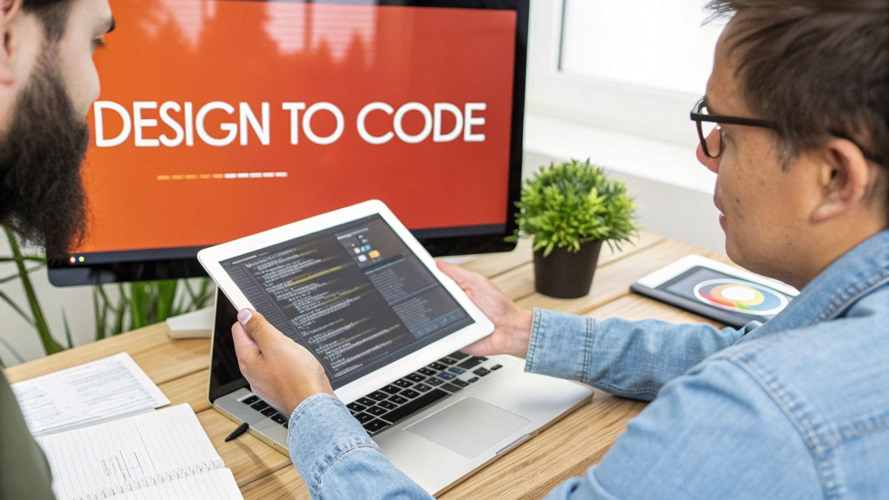 Two people discuss coding on a tablet and laptop, with a large screen in the background displaying "DESIGN TO CODE." A plant and color palette are on the table.