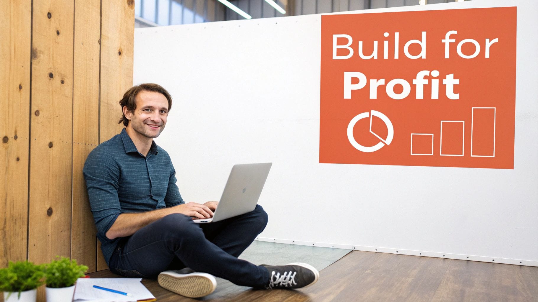 A man sits on the floor with a laptop, smiling. Behind him, a wall displays the words "Build for Profit" along with a pie chart and bar graph icons. A small plant and papers are nearby.