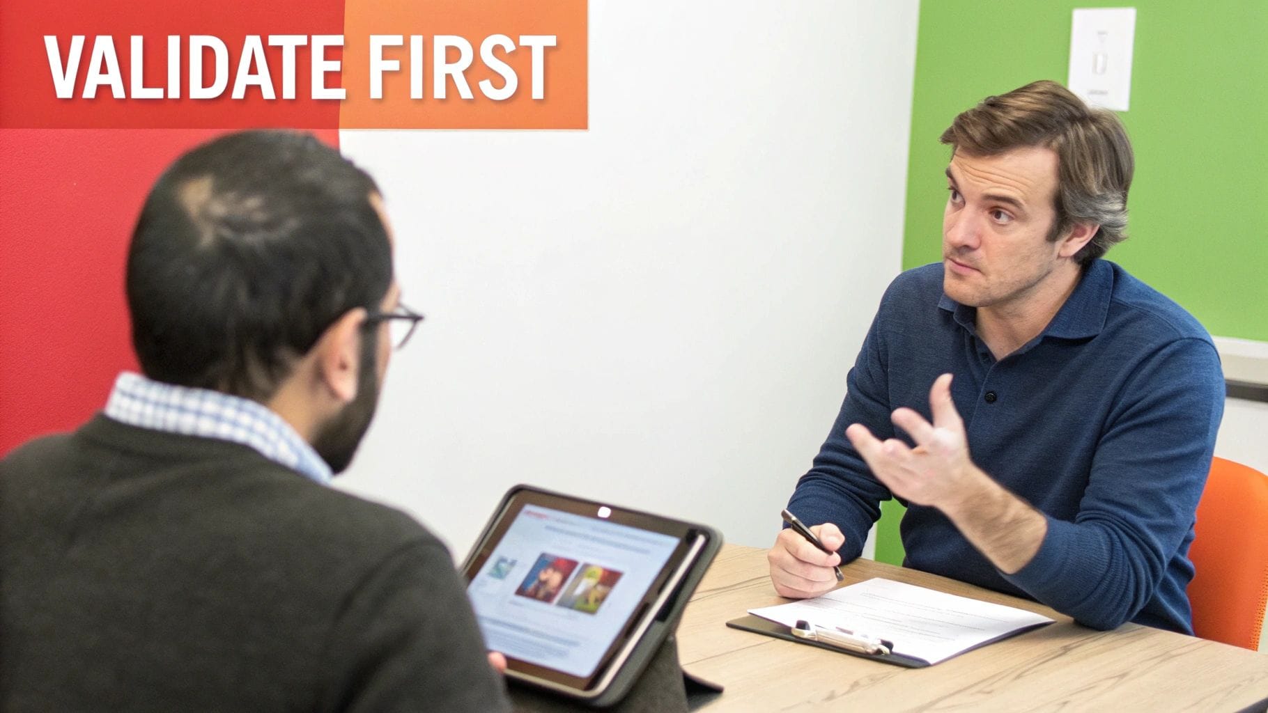 Two men sit at a table discussing ideas. One man, wearing glasses, looks down at a tablet, while the other gestures with his hand, focused on the conversation. A colorful wall behind them fe