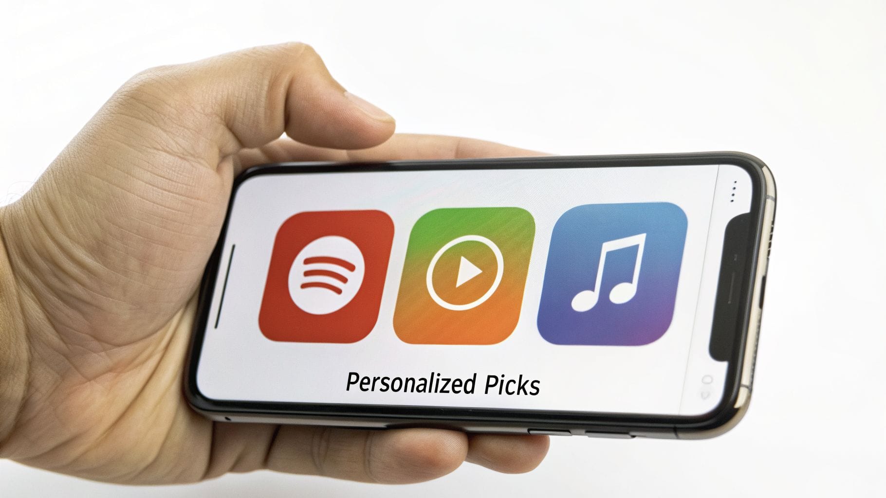 A hand holds a smartphone displaying three app icons for music streaming, video playback, and music, with the text "Personalized Picks" visible below the icons.