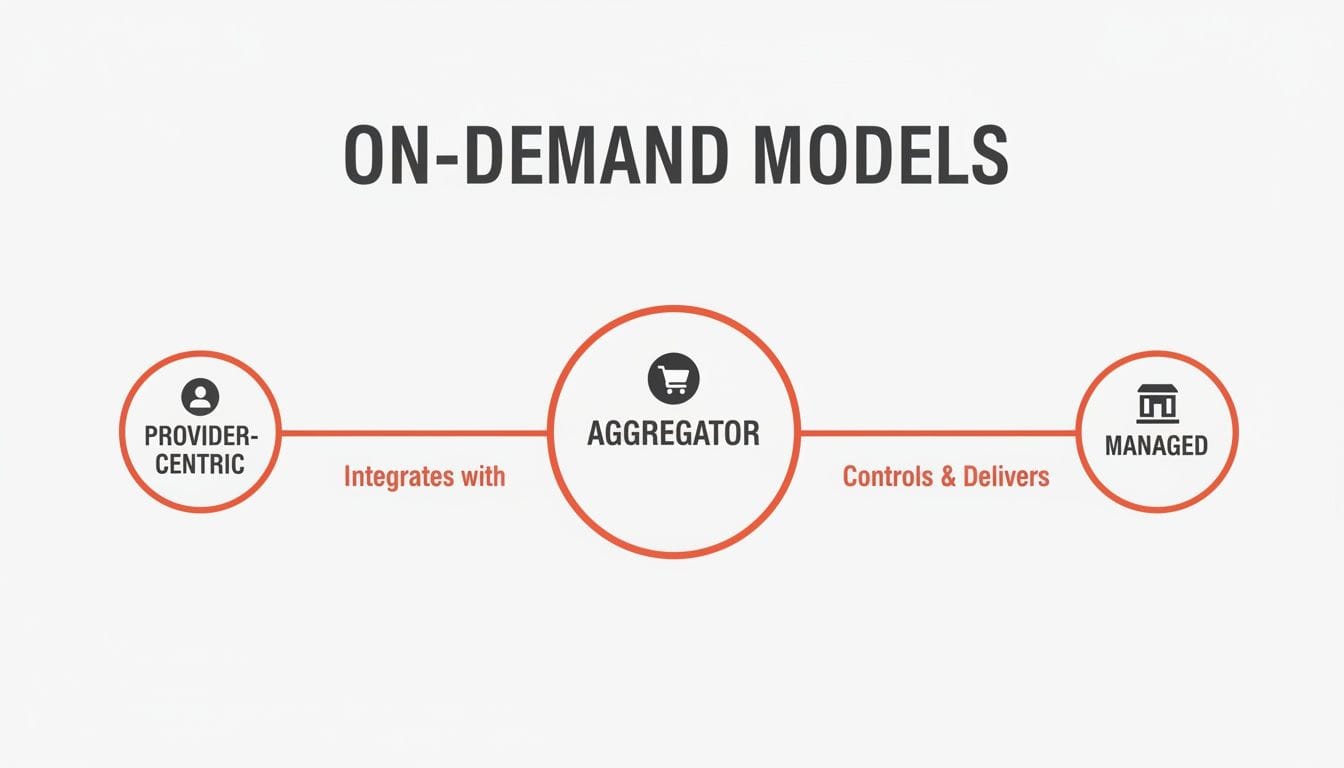 A diagram titled "On-Demand Models" featuring three models: "Provider-Centric," "Aggregator," and "Managed," with arrows indicating relationships and functions between them.