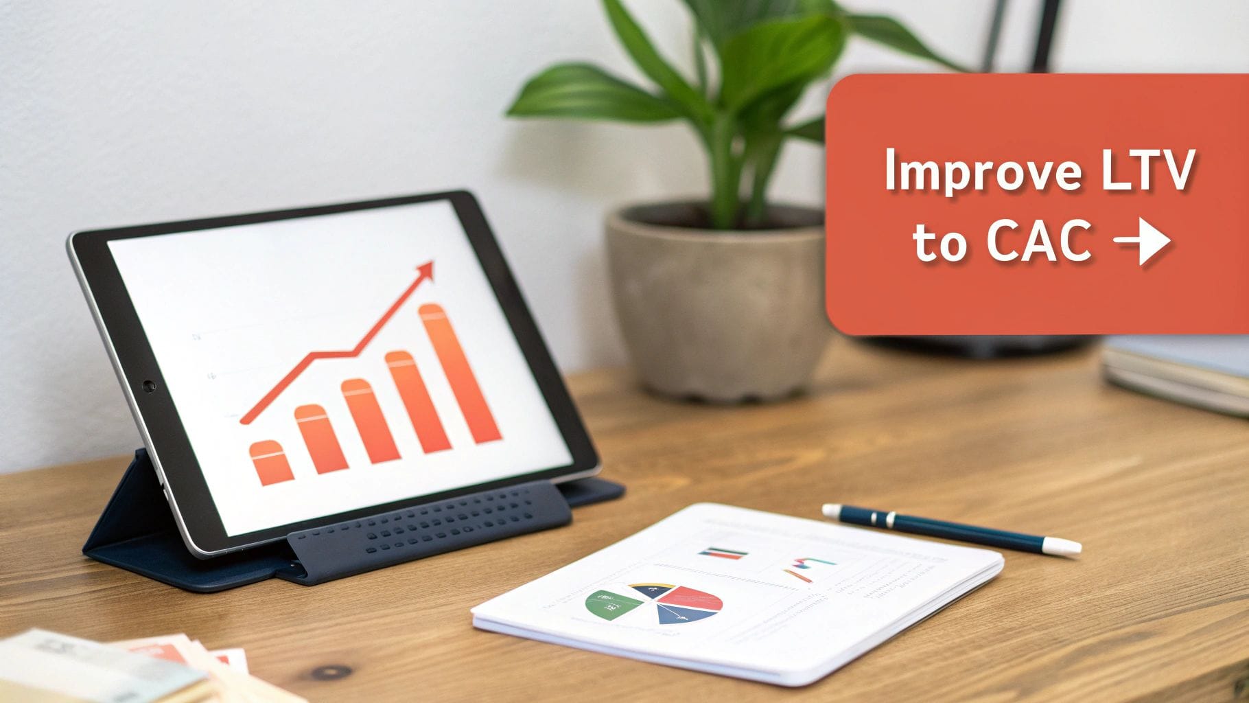 A tablet displays a bar graph with an upward trend. Nearby, there's a notepad with charts and a pen, along with a small plant in a pot on a wooden desk. A text box prompts to improve LTV to