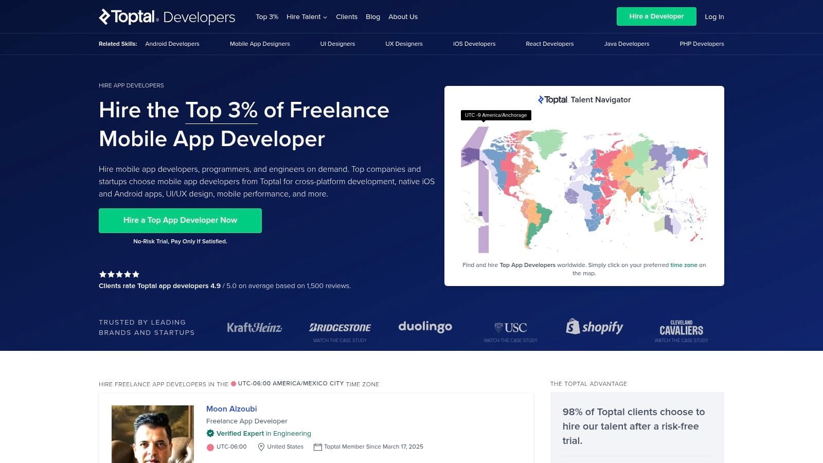 Website screenshot showcasing Toptal's mobile app development services, featuring a call-to-action button, a world map, and client ratings at the bottom.