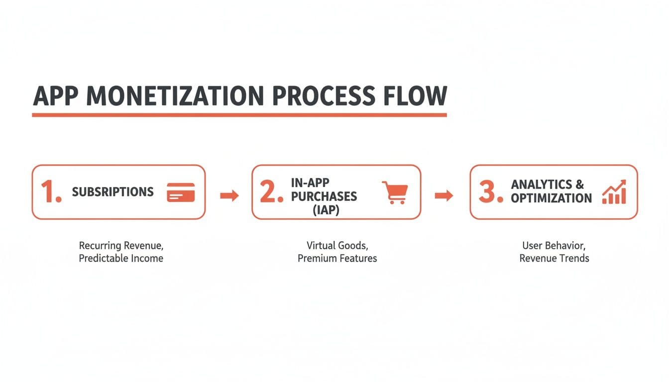 A flowchart illustrating the app monetization process, highlighting three steps: 1. Subscriptions for recurring revenue, 2. In-app purchases for virtual goods, and 3. Analytics & optimizatio