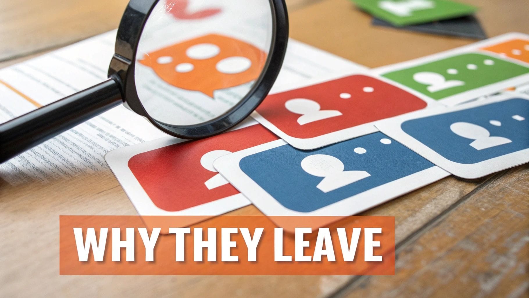 A magnifying glass is focused on colorful cards with speech bubbles, alongside printed text on a page, with the phrase "WHY THEY LEAVE" prominently displayed in bold, orange lettering.
