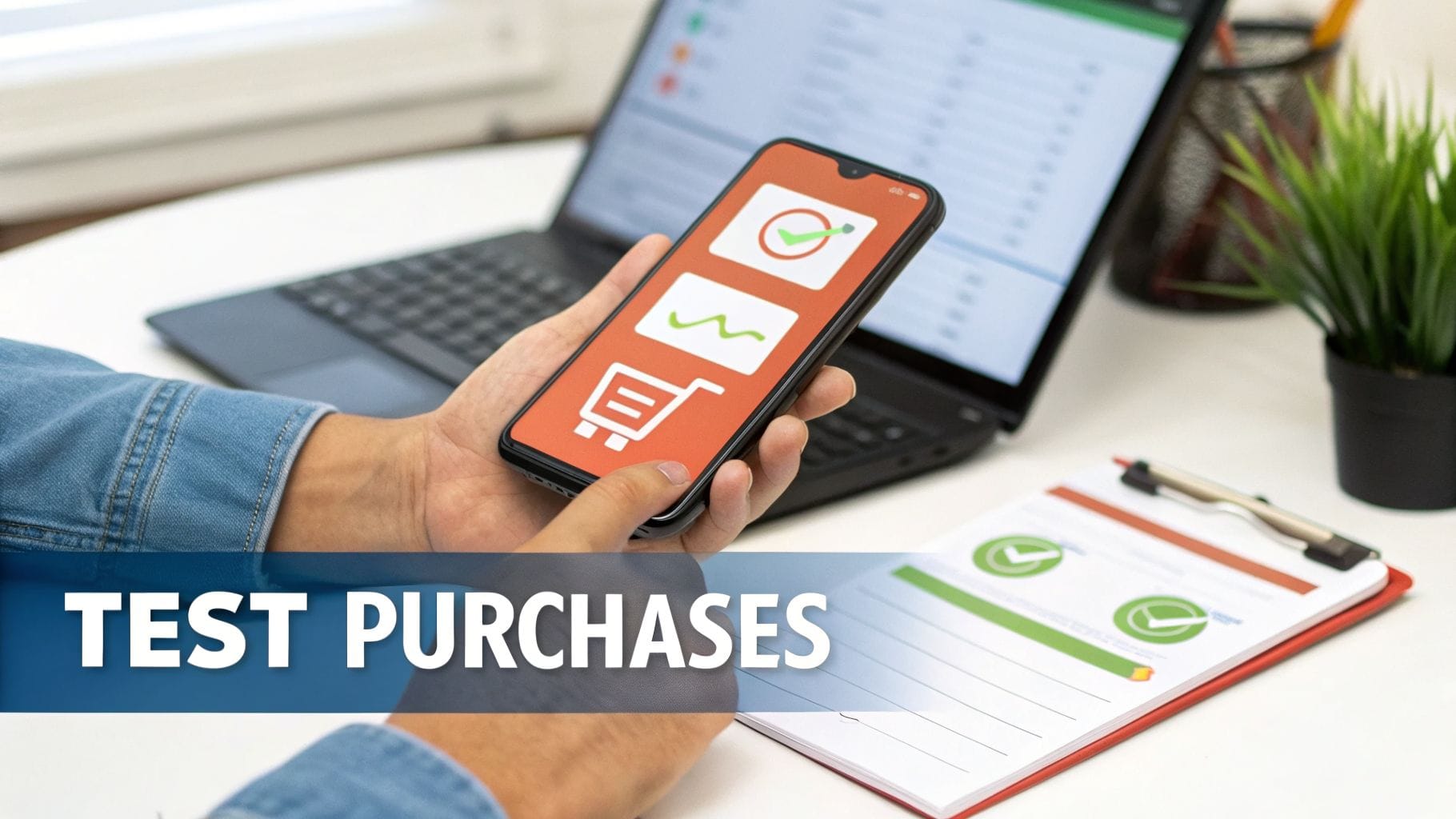 A hand holds a smartphone displaying app purchase icons on an orange background. A laptop, a notepad with checkmarks, and a small plant are visible in the background.