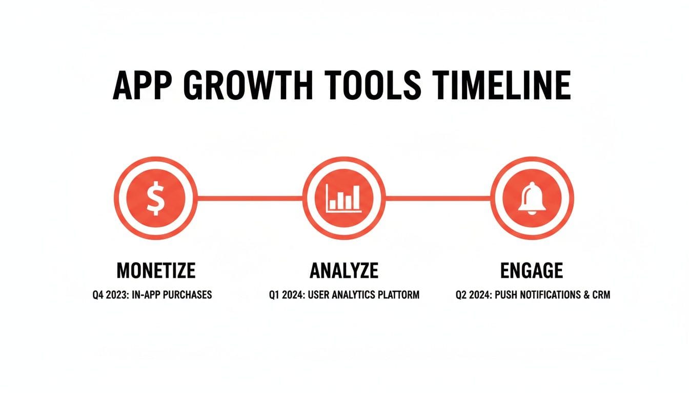 A timeline labeled "App Growth Tools" shows three key components: "Monetize" with an icon of a dollar sign, "Analyze" with a bar chart icon, and "Engage" with a notification bell icon.