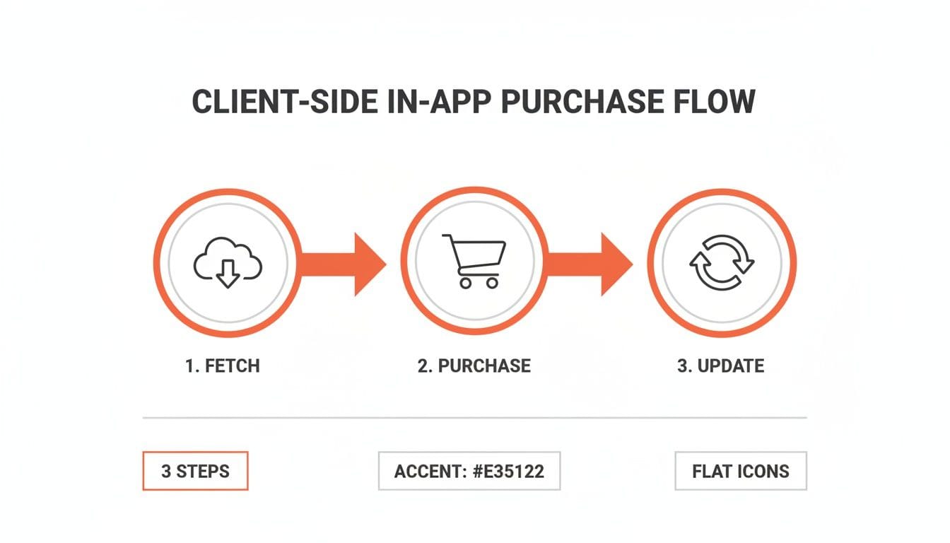 A flowchart illustrating the client-side in-app purchase process, featuring three steps: Fetch, Purchase, and Update, with corresponding flat icons and an accent color code.