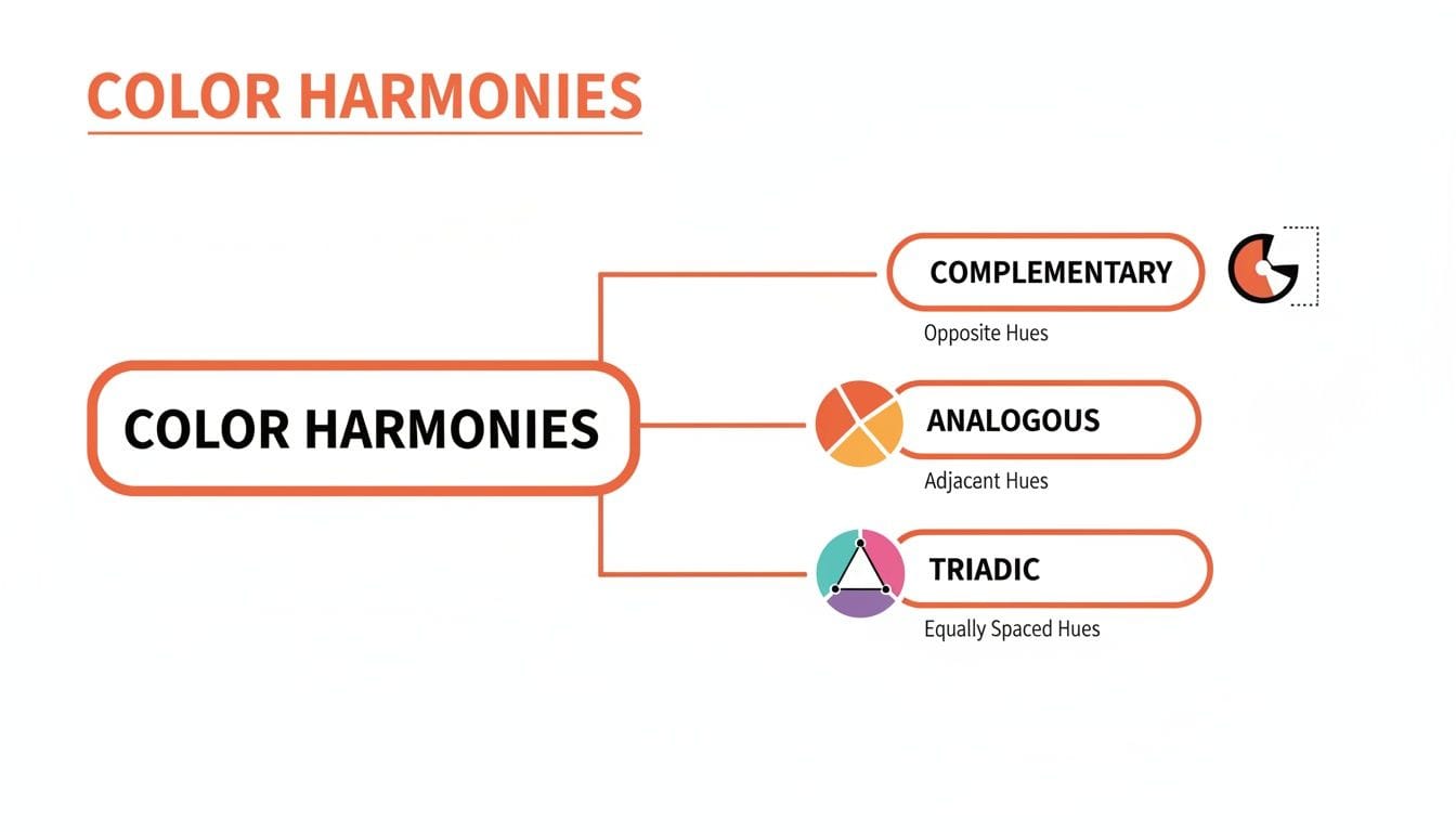 A flowchart titled "Color Harmonies" outlines three types of color relationships: Complementary, Analogous, and Triadic, each with simple definitions and color icons.
