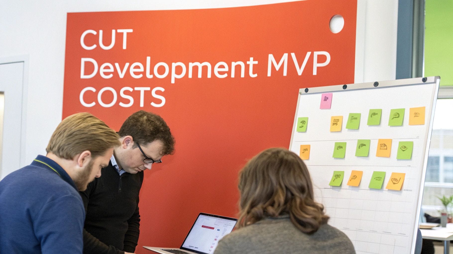 Three people collaborate around a table, focusing on a laptop, with bright sticky notes on a whiteboard in the background. A red wall features the text "CUT Development MVP COSTS.