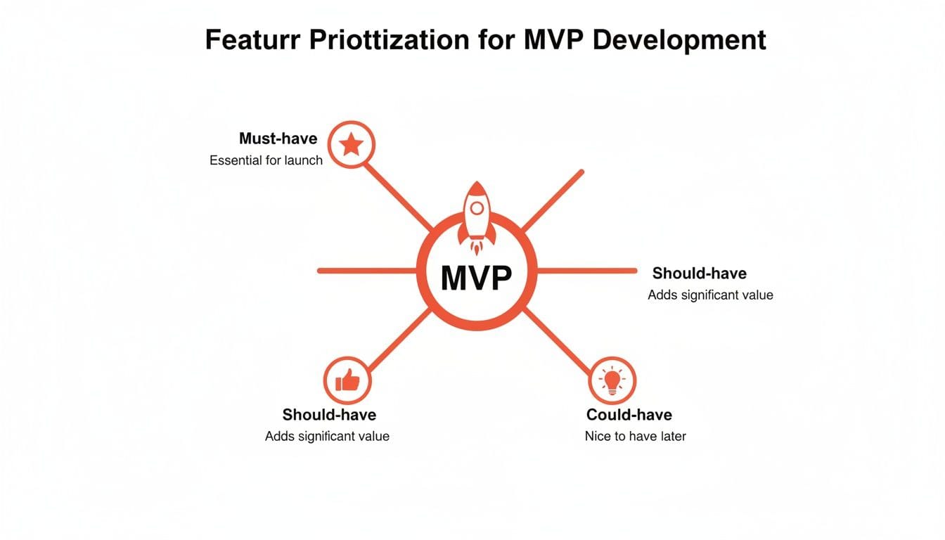 A diagram illustrating feature prioritization for MVP development, with the central "MVP" surrounded by four categories: Must-have, Should-have, Should-have, and Could-have, each defining im