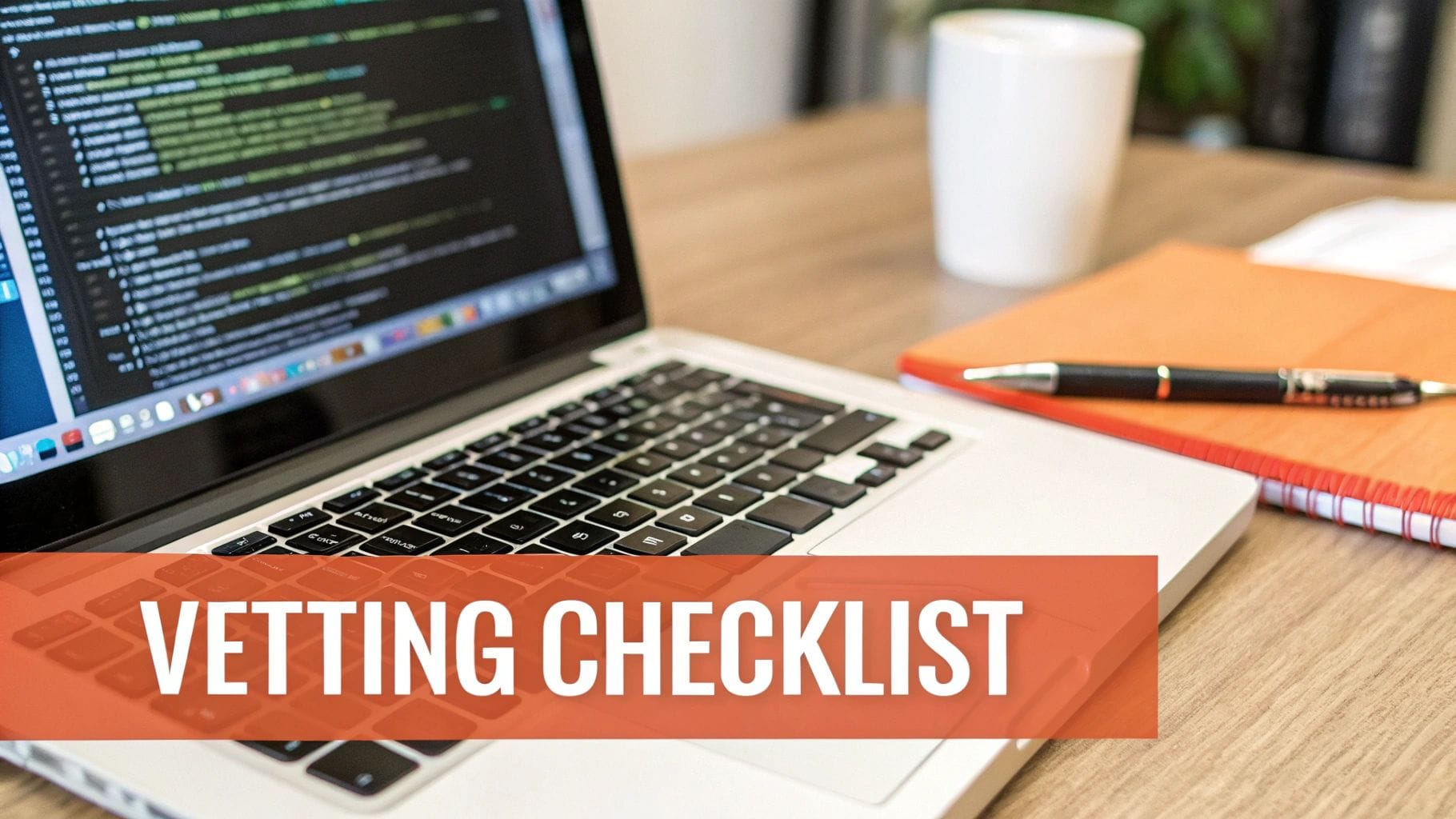 A laptop displaying code on the screen sits on a wooden table. Nearby, a white coffee mug, an orange notepad, and a pen are arranged, with the text "Vetting Checklist" overlaying the image.