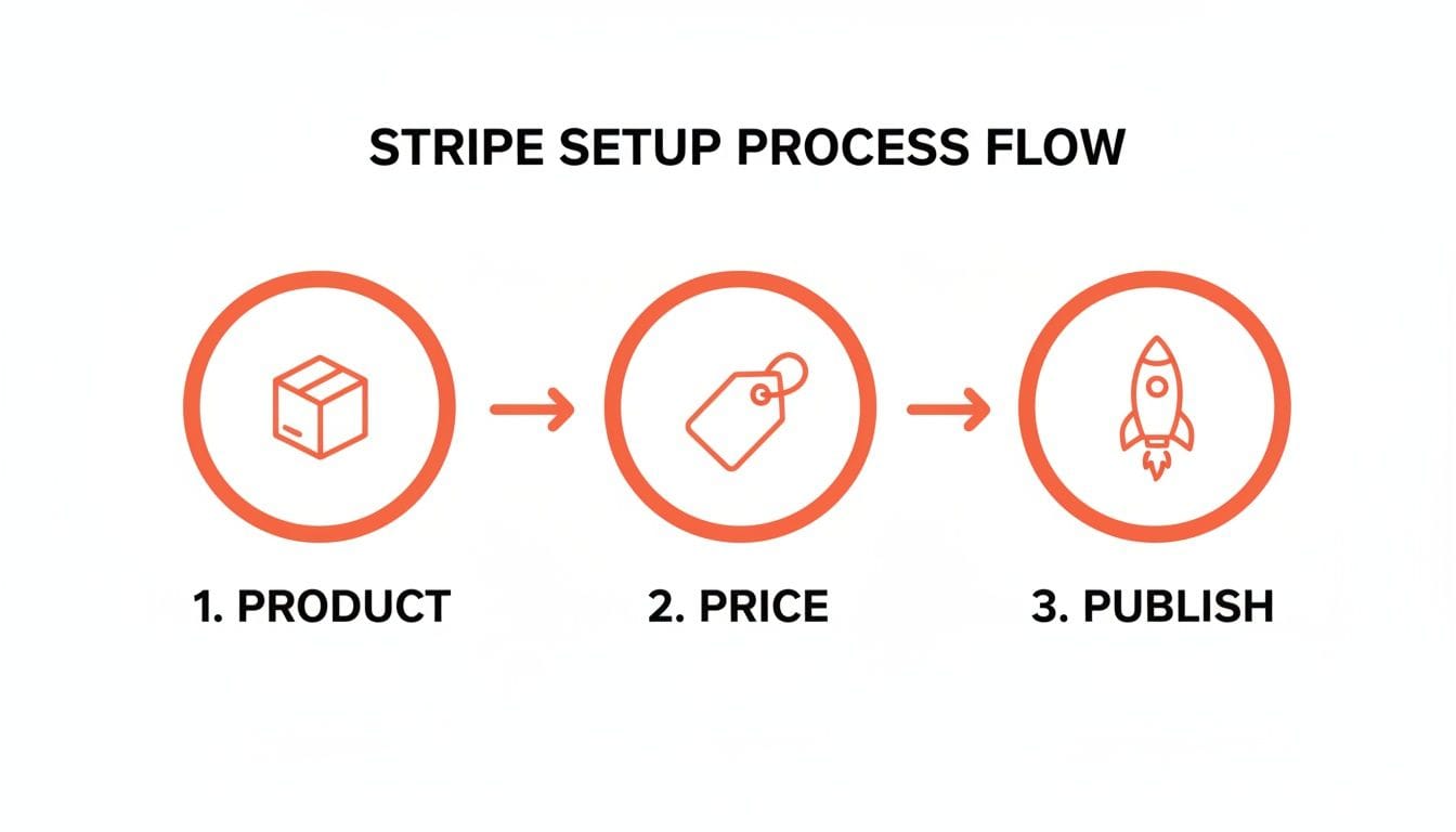 A flowchart illustrating the Stripe setup process with three steps: 1. PRODUCT (box icon), 2. PRICE (price tag icon), 3. PUBLISH (rocket icon). Each step is connected by arrows.