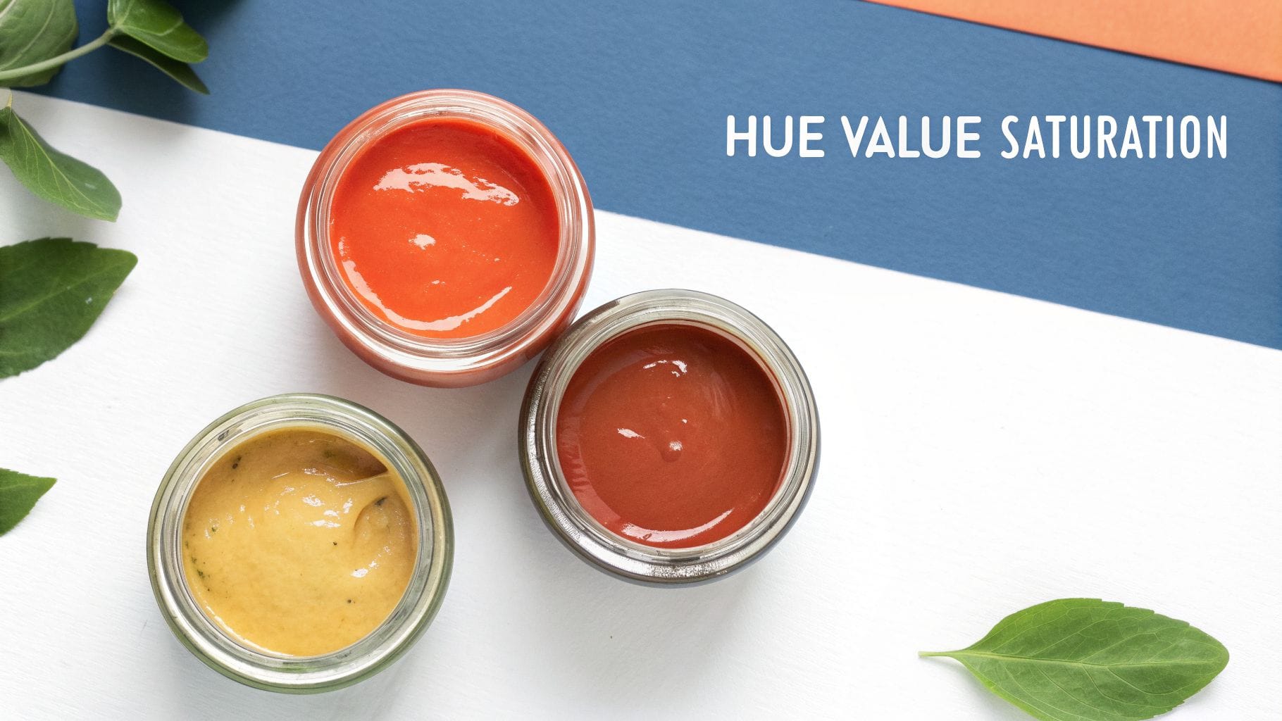 Three open jars of paint, one yellow, one orange, and one red, arranged on a white surface with green leaves, accompanied by the text "HUE VALUE SATURATION" on the right.