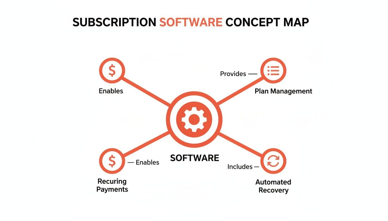 Concept map illustrating subscription software. Central gear icon connected to "Enables Recurring Payments," "Provides Plan Management," and "Includes Automated Recovery," with dollar signs.