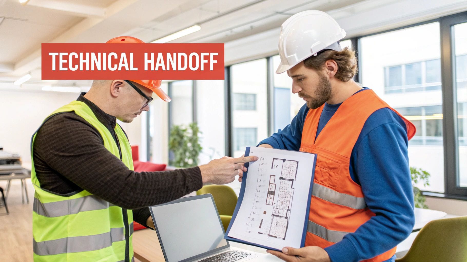Two men in safety gear discuss a technical document while standing next to a laptop in a well-lit office space. A "TECHNICAL HANDOFF" banner is displayed prominently above them.