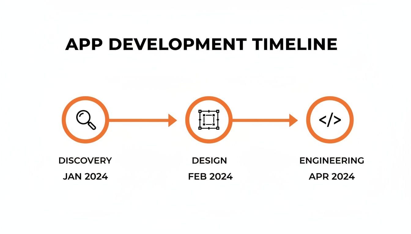 A timeline graphic for app development features three stages: "Discovery" in January 2024, "Design" in February 2024, and "Engineering" in April 2024, connected by arrows.
