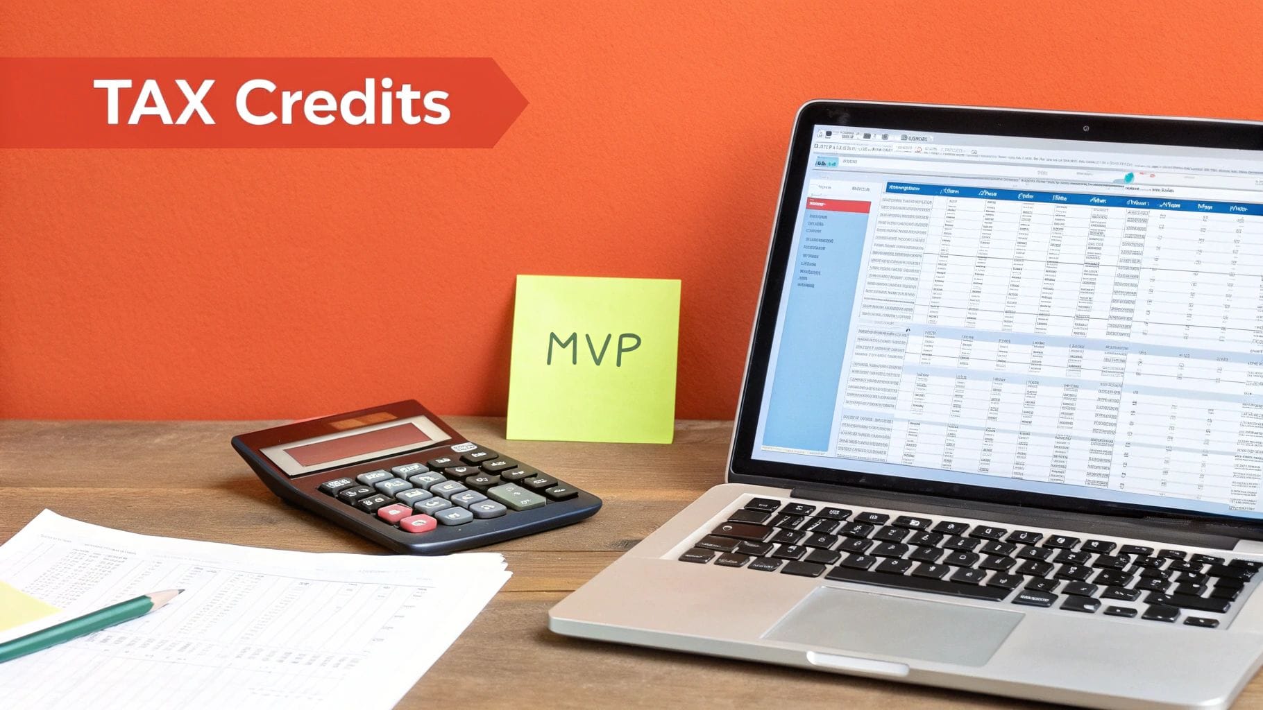 A calculator next to printed spreadsheets, a green pencil, and a laptop displaying a spreadsheet, with a sticky note reading "MVP" and a red banner labeled "TAX Credits" in the background.