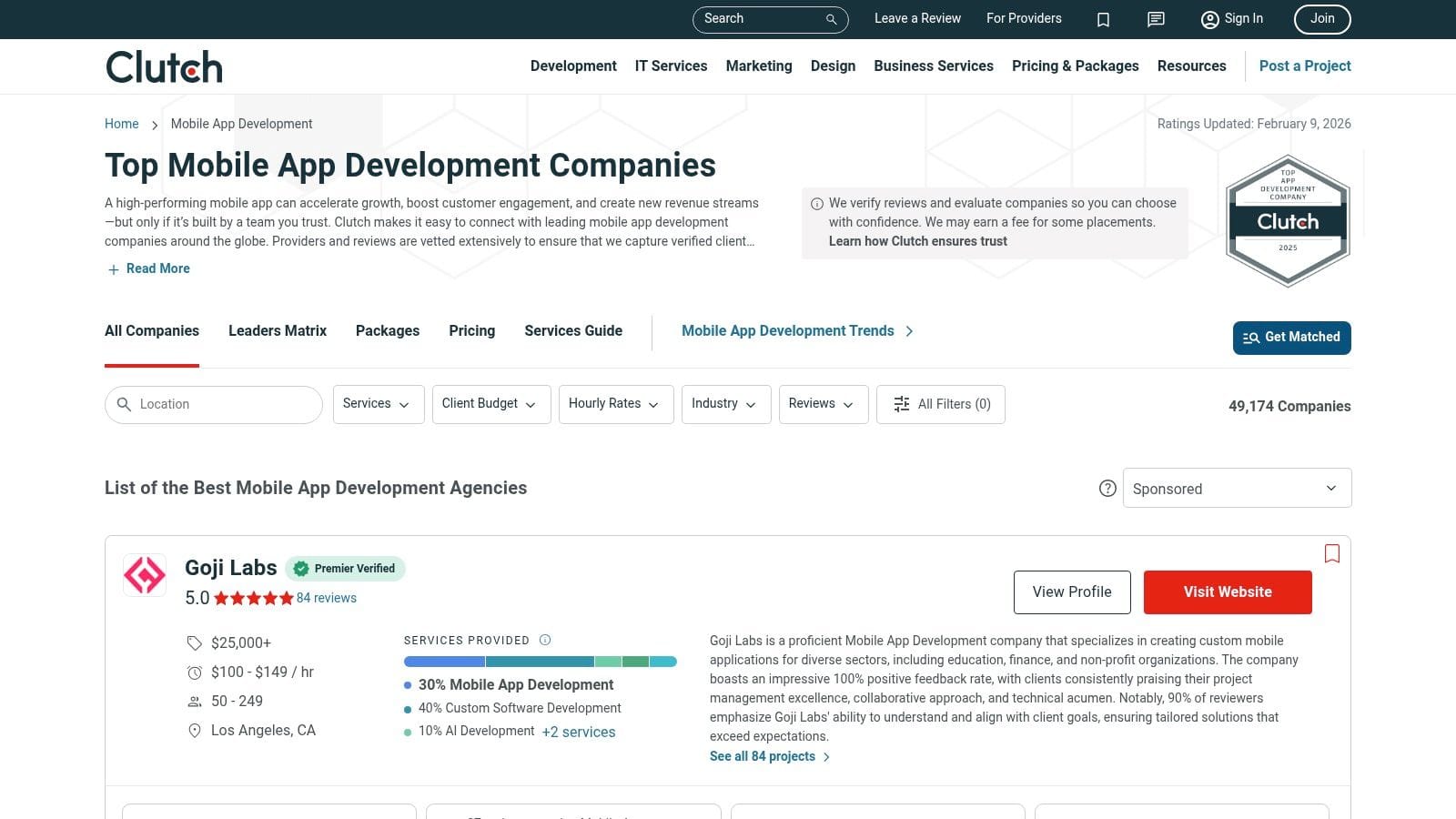 Content from the Clutch website showcasing a list of top mobile app development companies, featuring Goji Labs with ratings, services, and pricing information.