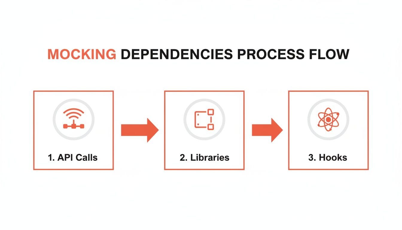 Flowchart illustrating the process of mocking dependencies, featuring three boxes labeled "1. API Calls," "2. Libraries," and "3. Hooks," connected by arrows.