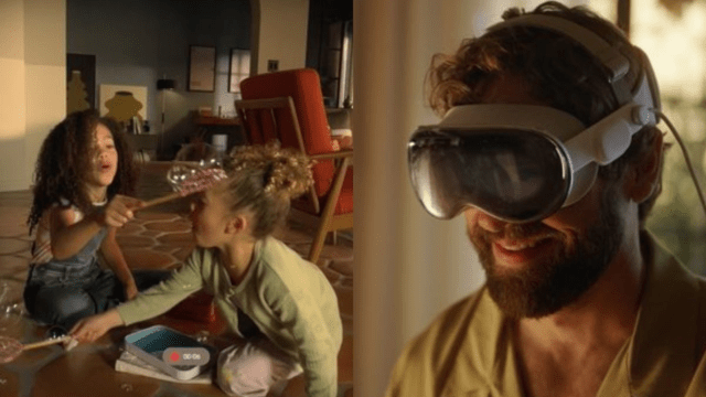 Two children play with a bubble wand on the left, while a man on the right smiles, wearing Apple Vision Pro headset. A cozy room features warm lighting and modern decor.