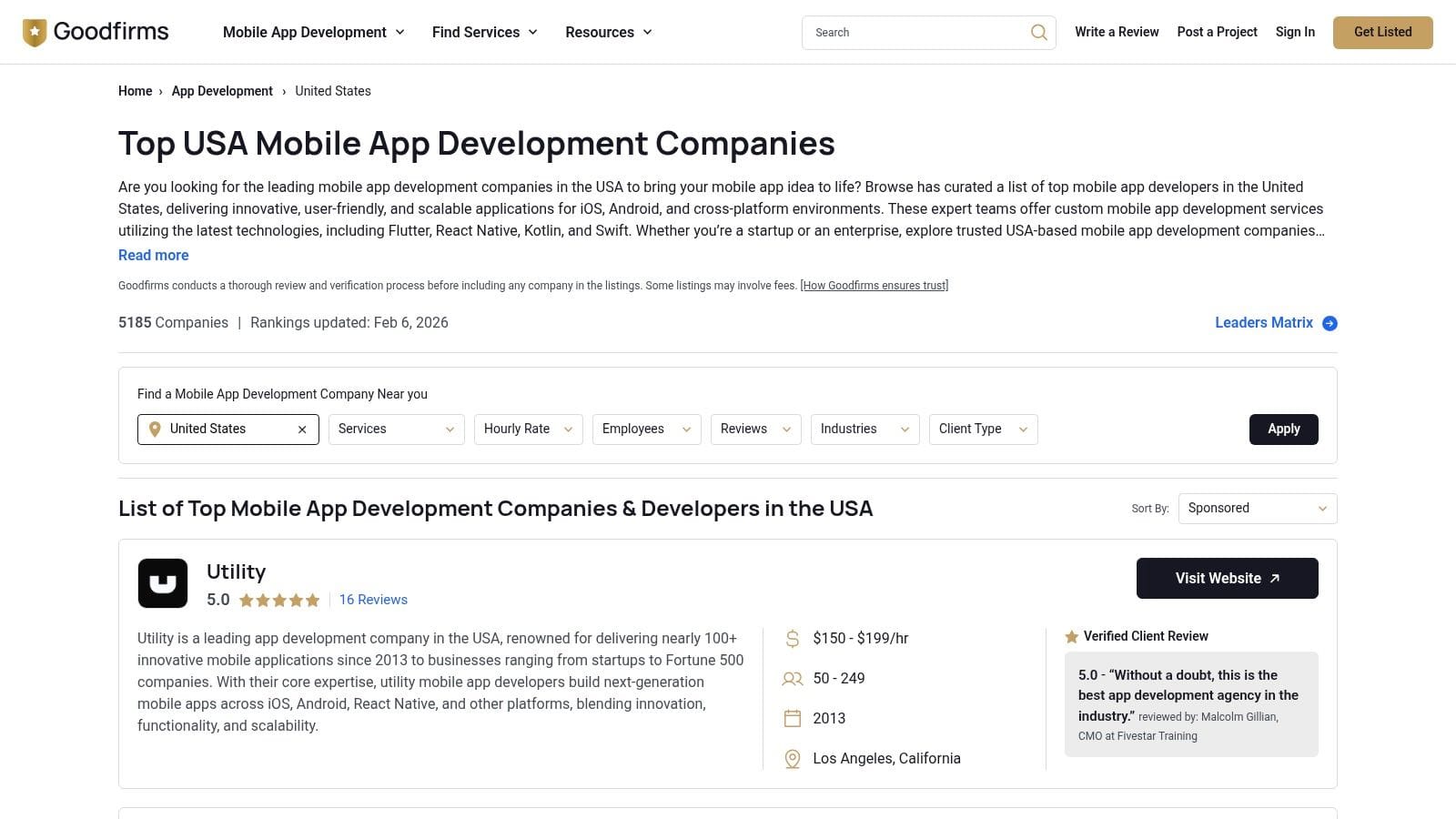 A webpage displaying a list of top mobile app development companies in the USA, featuring the company "Utility" with its rating, reviews, and details on services and pricing.