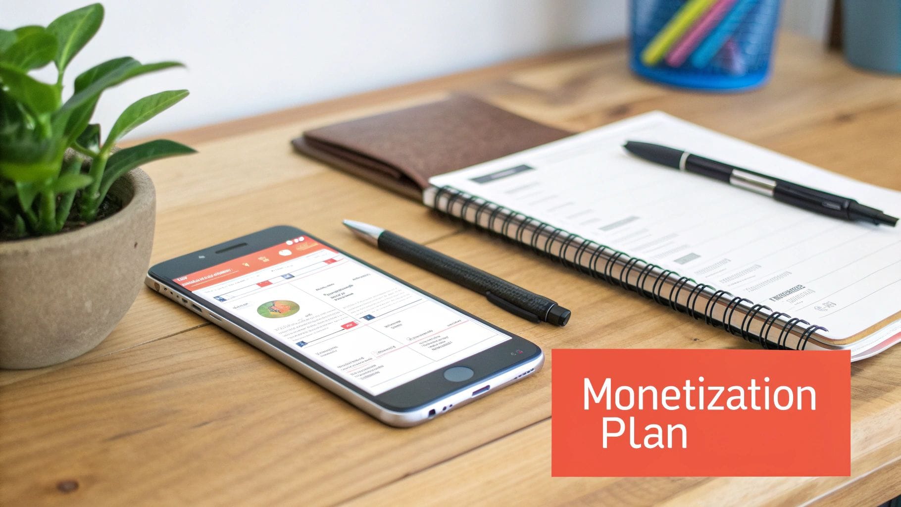 A smartphone displaying a monetization app screen rests on a wooden desk alongside a potted plant, a notebook, and a black pen, with a colorful container in the background.