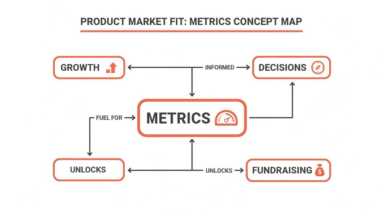 Concept map illustrating product market fit metrics, featuring key terms like "Growth," "Metrics," "Decisions," "Unlocks," and "Fundraising" connected by arrows.