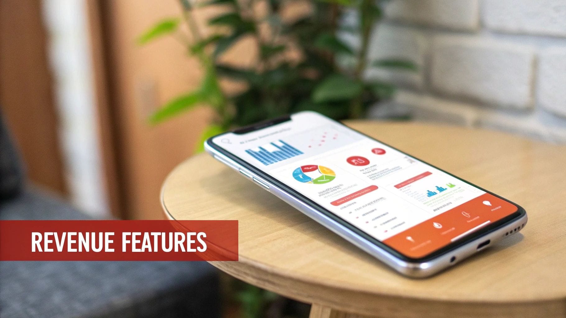 A smartphone displaying a dashboard with graphs and charts on a wooden table, surrounded by green plants. The text "REVENUE FEATURES" is overlaid in white on a red background.