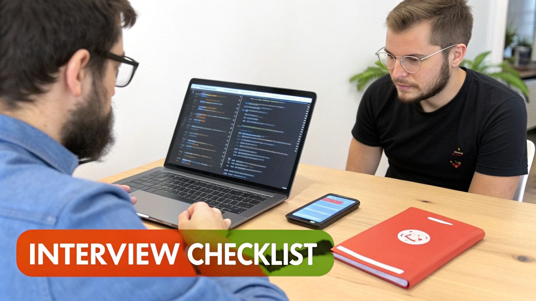 Two men are seated at a wooden table, one reviewing a laptop screen displaying code, while the other listens attentively. A smartphone and a red notebook are also on the table.