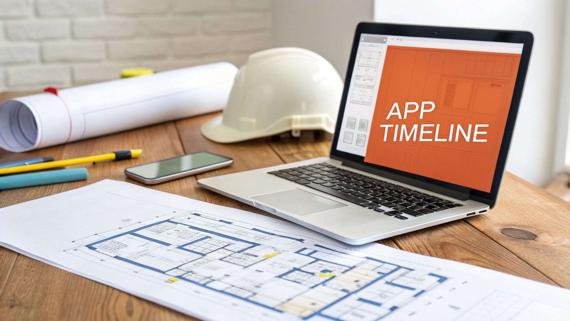 A laptop displays "APP TIMELINE" on the screen, with architectural blueprints, a smartphone, colored pens, and a hard hat on a wooden surface.