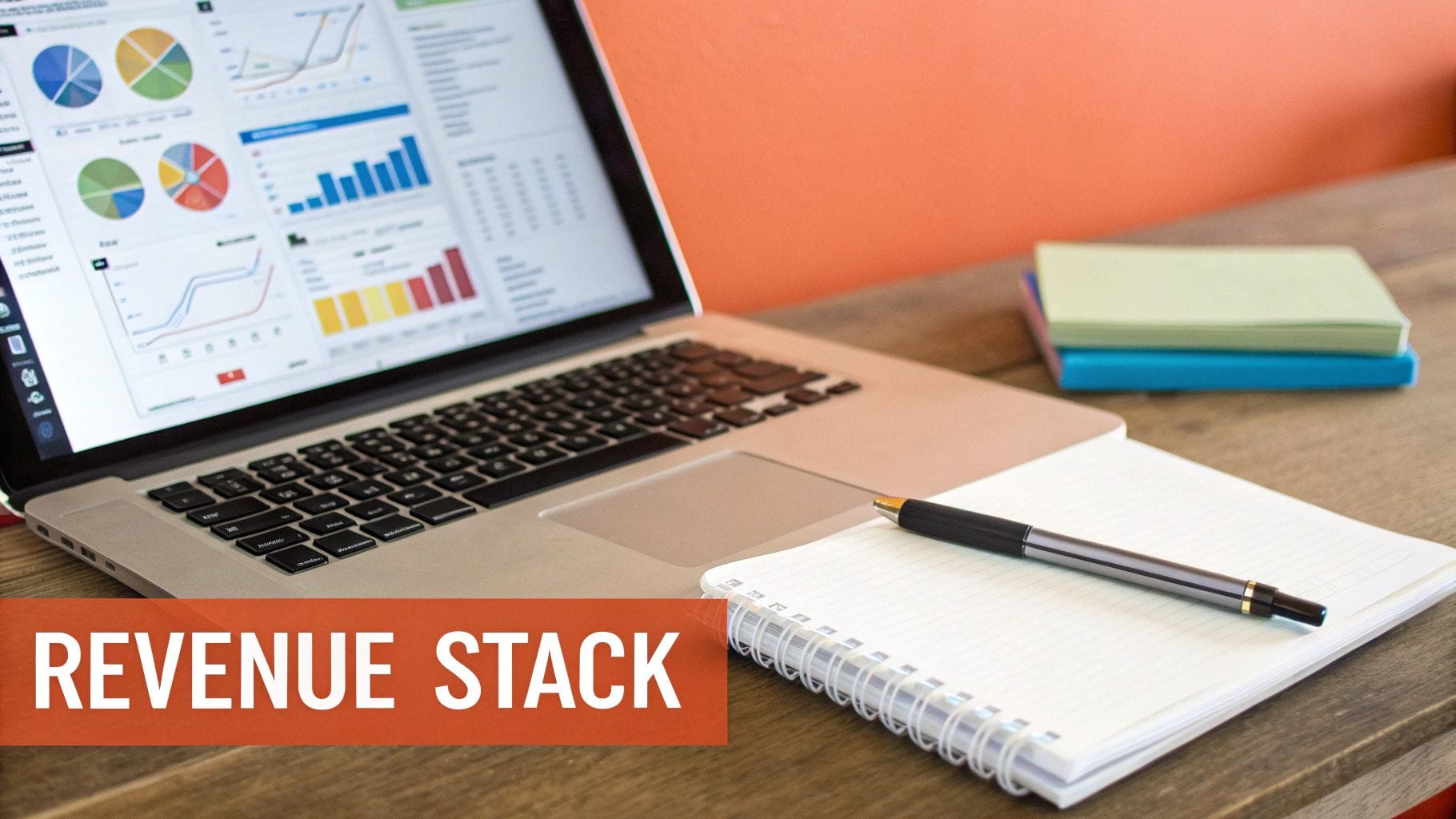 A laptop displays colorful graphs and charts on a wooden desk. Nearby, an open notebook and a black pen lay on the table, with a stack of colored sticky notes in the background.