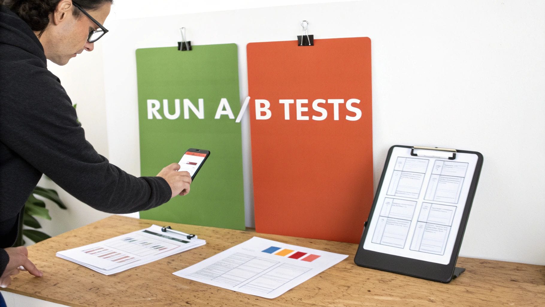A person with curly hair in glasses examines a smartphone. Behind them are two large signs, one green with "RUN" and one red with "A/B TESTS." Papers and a clipboard are on a wooden table.