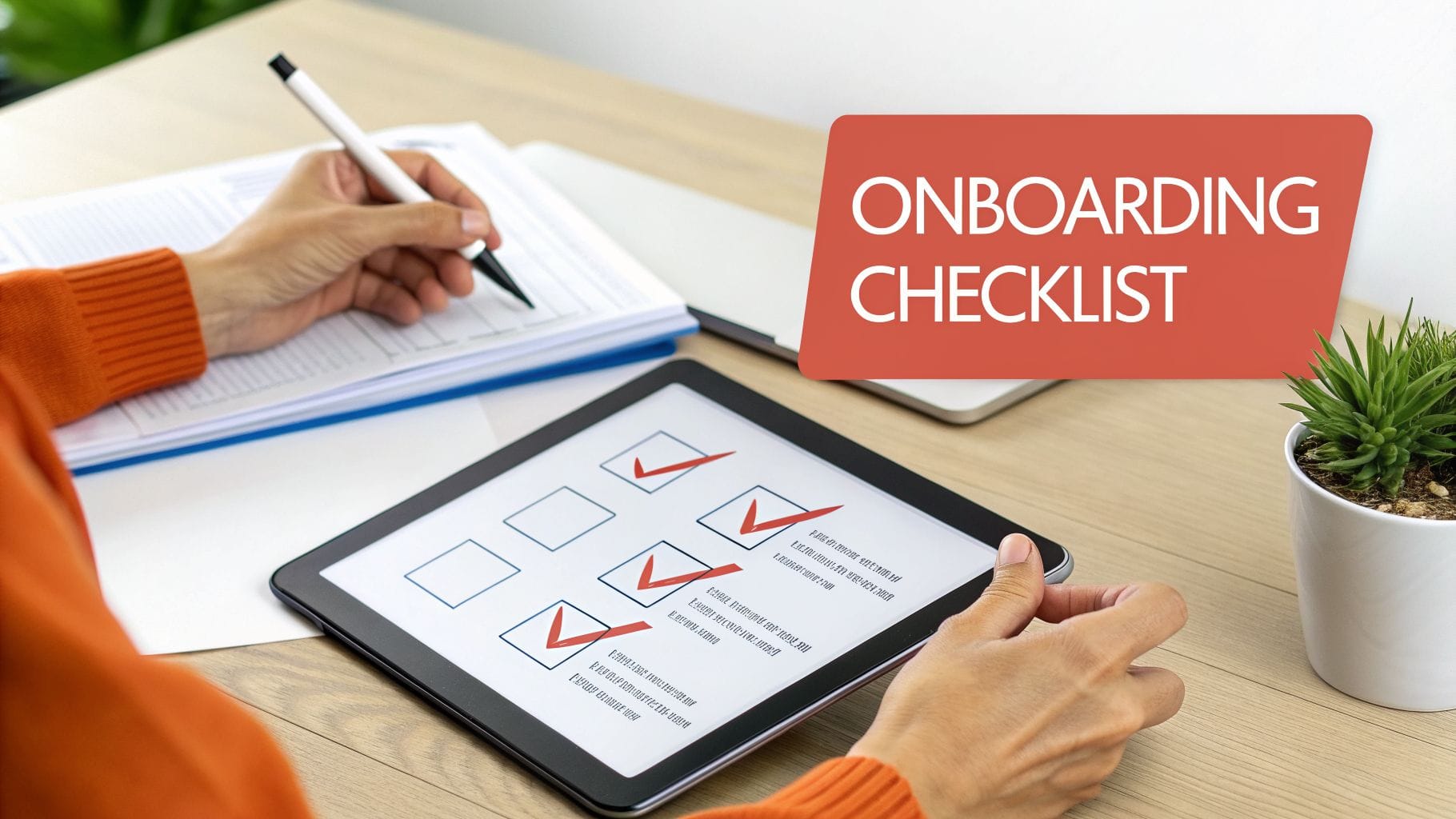 A person wearing an orange sweater holds a tablet displaying a checklist with check marks. A notebook and a small potted plant are on the wooden desk alongside the tablet.
