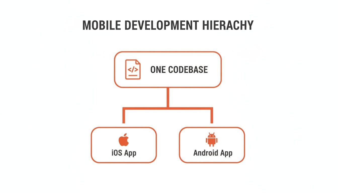 Diagram illustrating mobile development hierarchy, showing one codebase at the top with arrows pointing down to separate iOS and Android apps below.