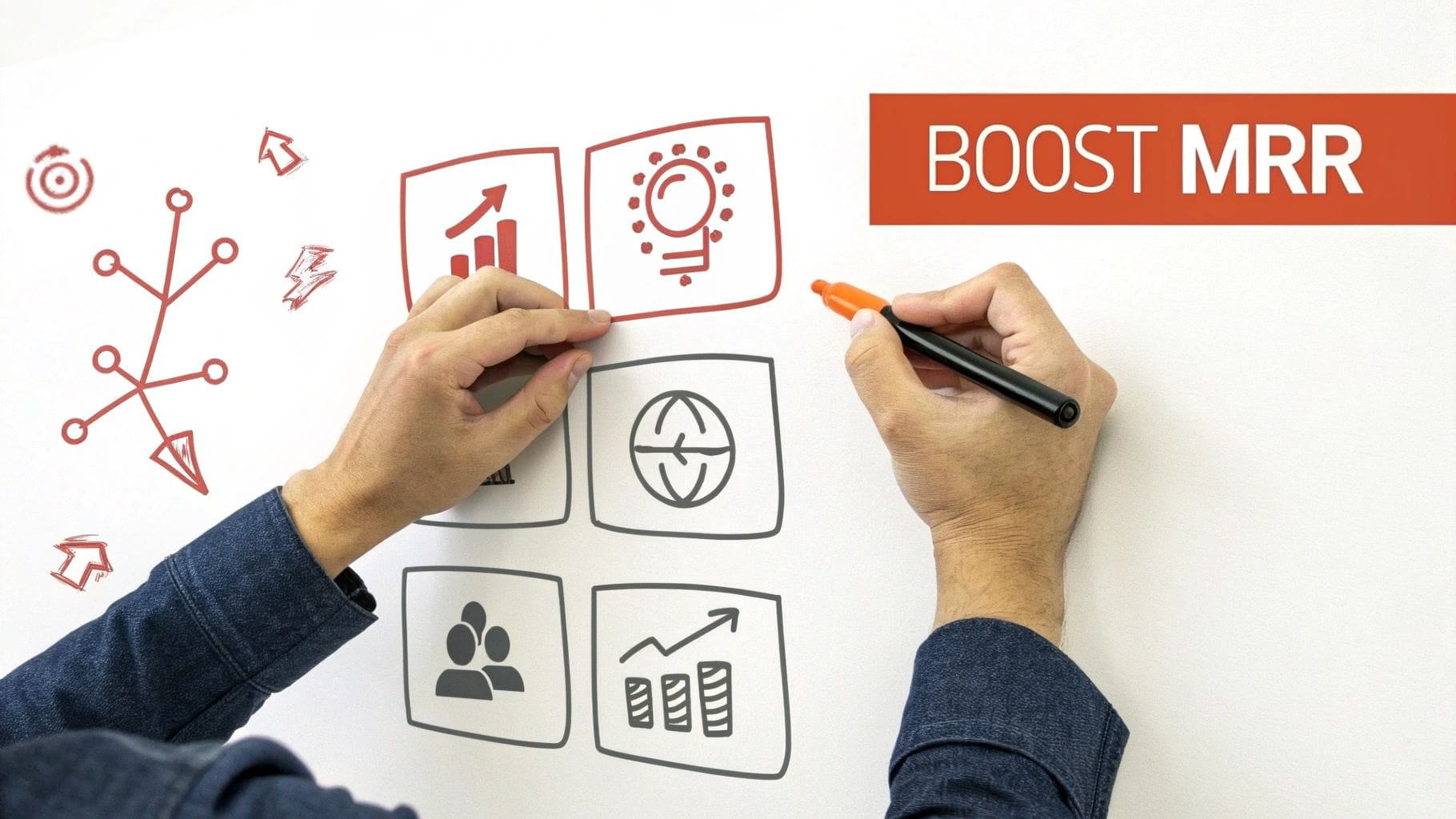A person’s hand is drawing on a whiteboard, with various icons related to growth and analysis, alongside the text "BOOST MRR" in bold orange.