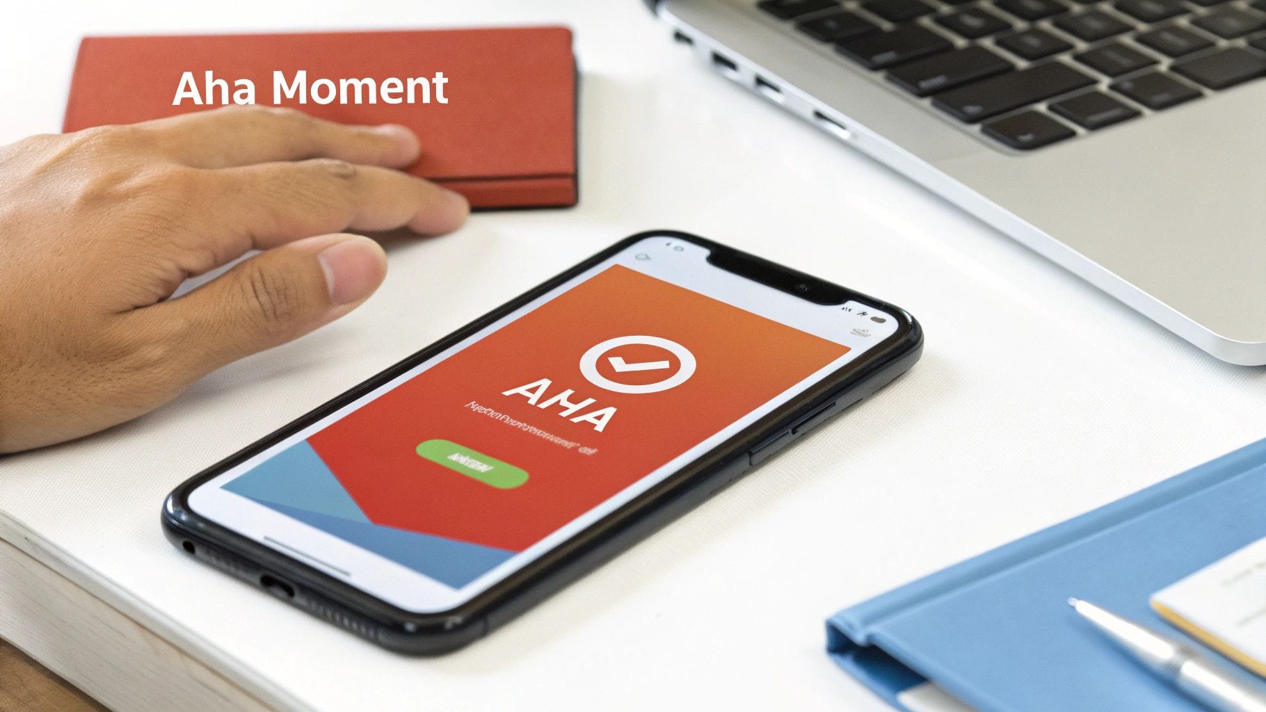 A hand rests on a red notebook beside a smartphone displaying an app interface with the word "AHA" and a green button labeled "Get Started." A laptop is partially visible in the background.
