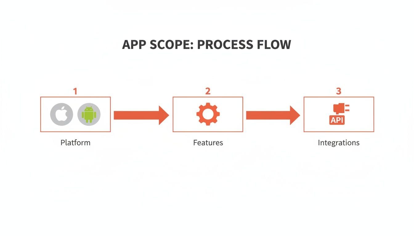 Flowchart illustrating the process for app development costs, with three steps: 1. Platform (Apple and Android logos), 2. Features (gear icon), 3. Integrations (API icon).